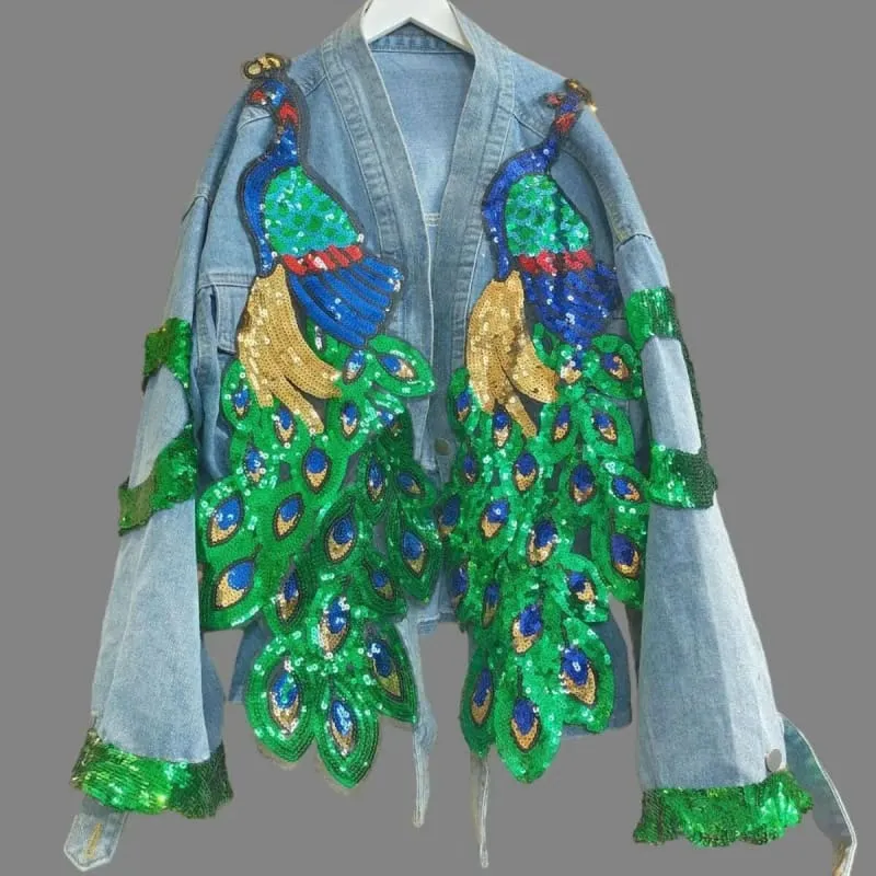 V-neck 3d Peacock Sequined Embroidered Denim Jacket for Women