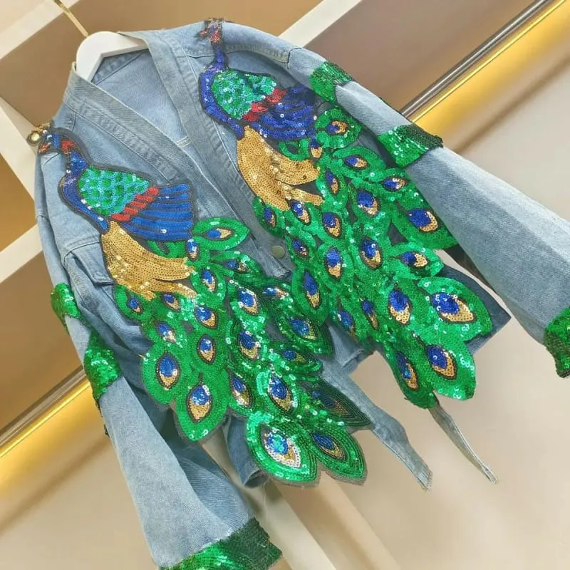 V-neck 3d Peacock Sequined Embroidered Denim Jacket for Women