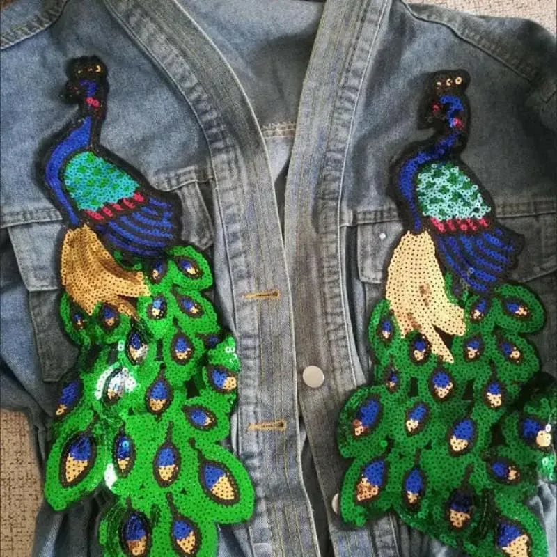 V-neck 3d Peacock Sequined Embroidered Denim Jacket for Women