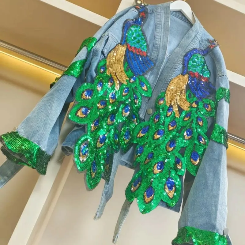 V-neck 3d Peacock Sequined Embroidered Denim Jacket for Women