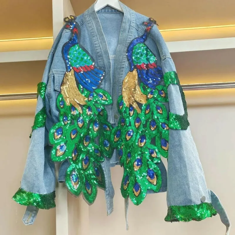 V-neck 3d Peacock Sequined Embroidered Denim Jacket for Women