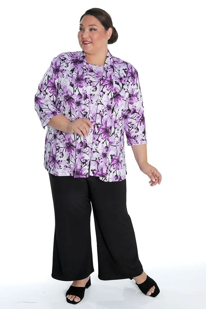 Vikki Vi Jersey Iris Floral 3/4 Sleeve Kimono Jacket