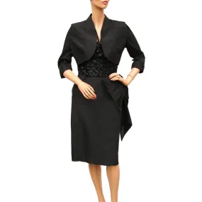 Vintage 1950s Cocktail Dress Black Sequin Taffeta with Bolero by GiGi Young - Small