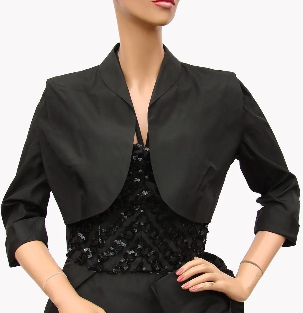 Vintage 1950s Cocktail Dress Black Sequin Taffeta with Bolero by GiGi Young - Small