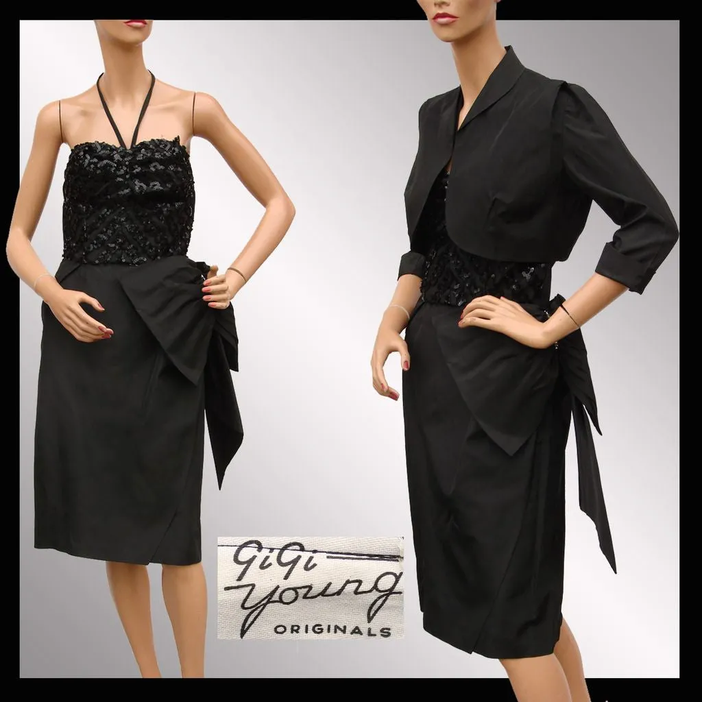 Vintage 1950s Cocktail Dress Black Sequin Taffeta with Bolero by GiGi Young - Small