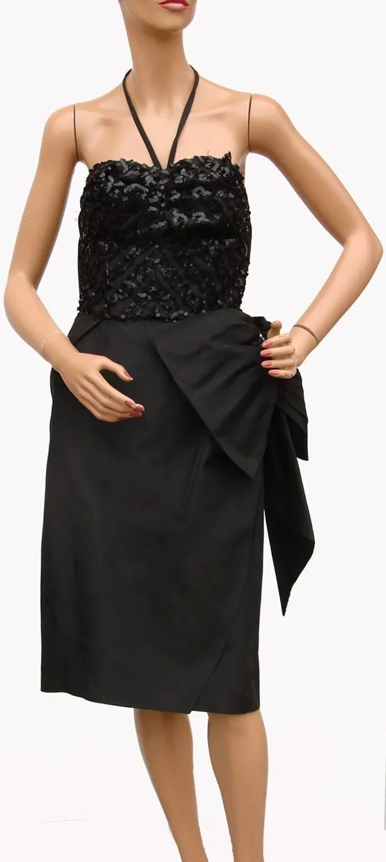 Vintage 1950s Cocktail Dress Black Sequin Taffeta with Bolero by GiGi Young - Small