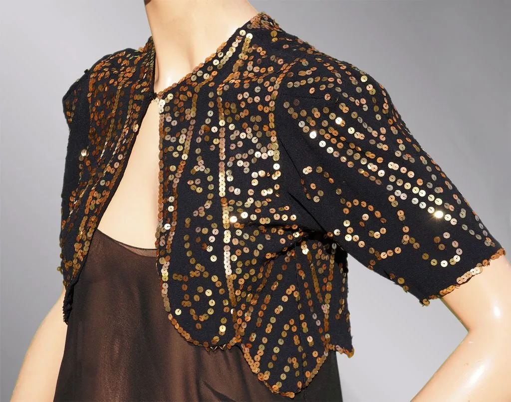 Vintage 30s Gold Sequin Bolero Jacket - 1930s Evening Sequined Black Silk Crepe S