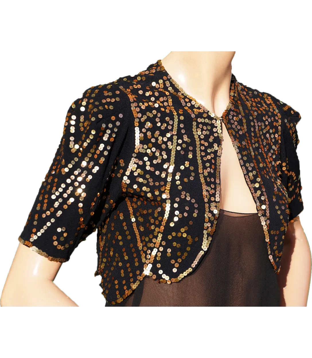 Vintage 30s Gold Sequin Bolero Jacket - 1930s Evening Sequined Black Silk Crepe S