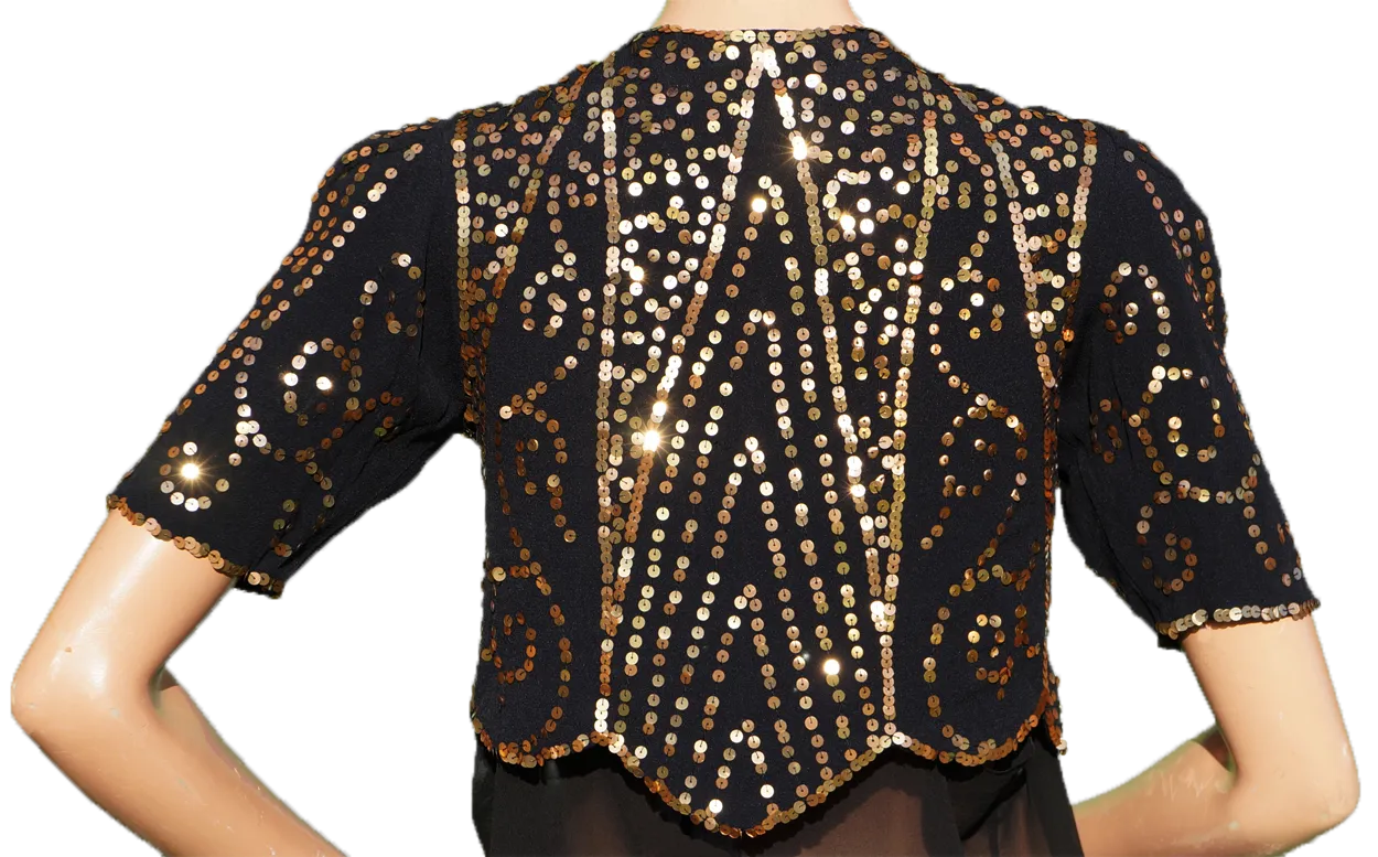 Vintage 30s Gold Sequin Bolero Jacket - 1930s Evening Sequined Black Silk Crepe S