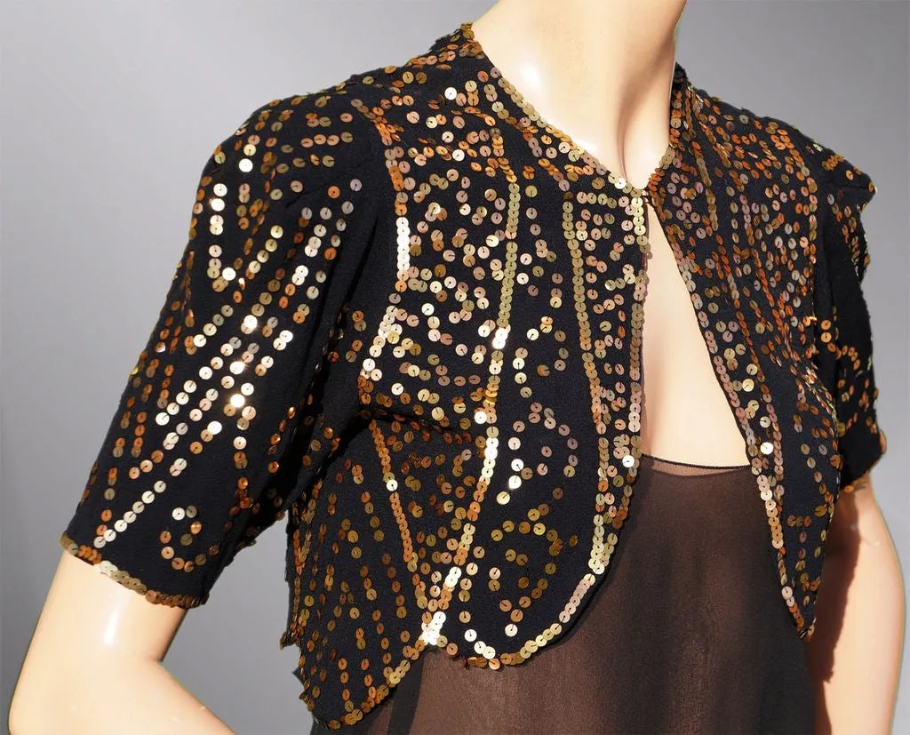 Vintage 30s Gold Sequin Bolero Jacket - 1930s Evening Sequined Black Silk Crepe S