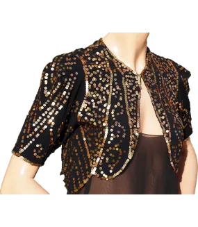 Vintage 30s Gold Sequin Bolero Jacket - 1930s Evening Sequined Black Silk Crepe S