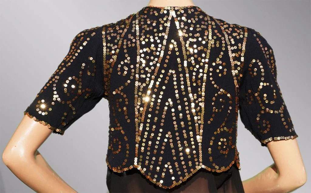 Vintage 30s Gold Sequin Bolero Jacket - 1930s Evening Sequined Black Silk Crepe S