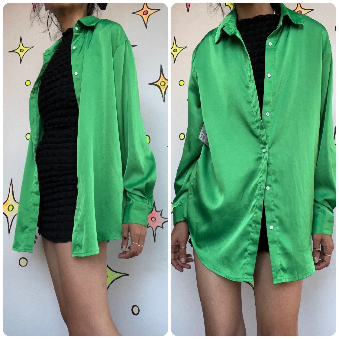 Vintage 90s Y2K | Silky Green Button Up Blouse | Layering Piece | Size Small