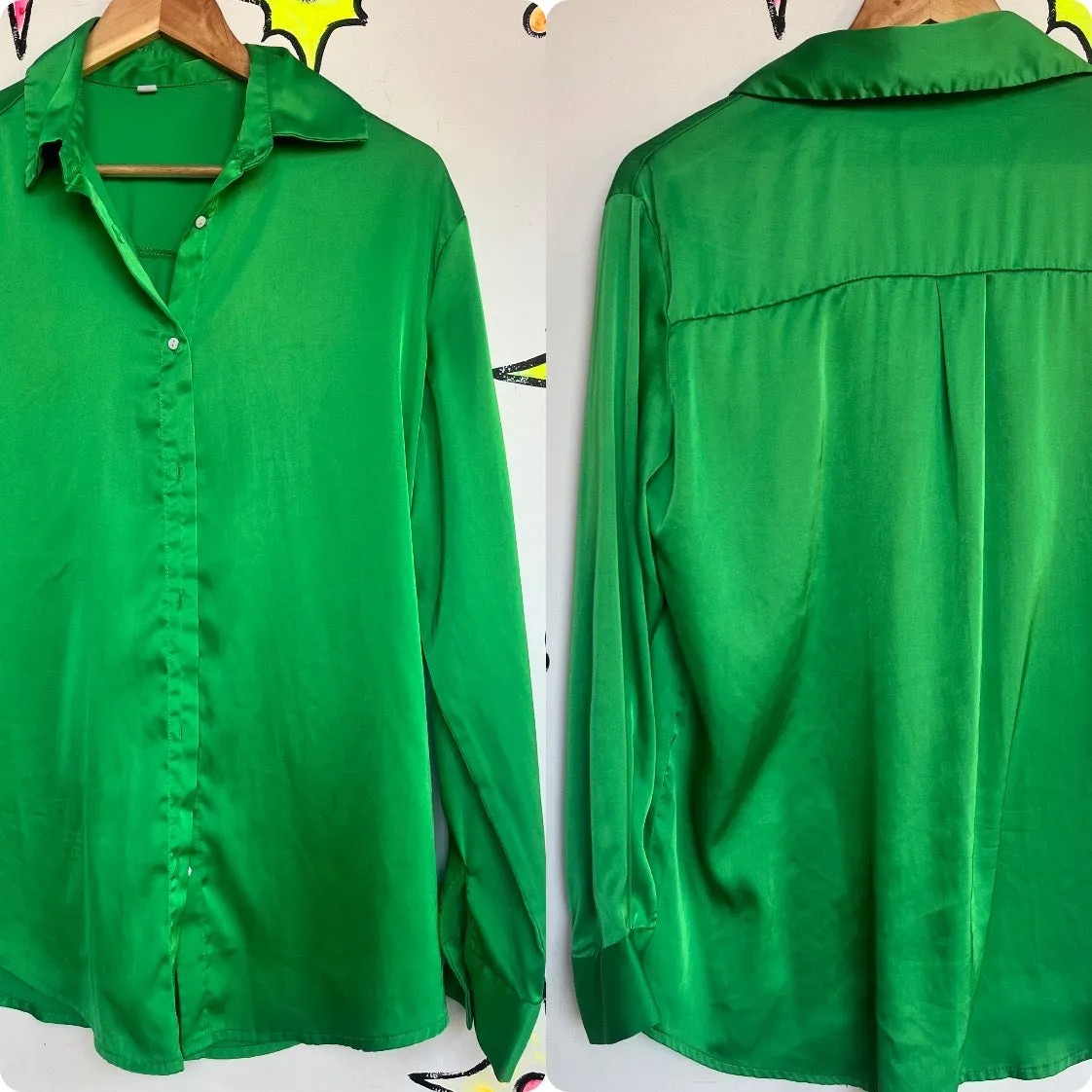 Vintage 90s Y2K | Silky Green Button Up Blouse | Layering Piece | Size Small