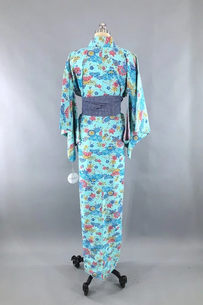 Vintage Aqua Blue Floral Kimono Robe