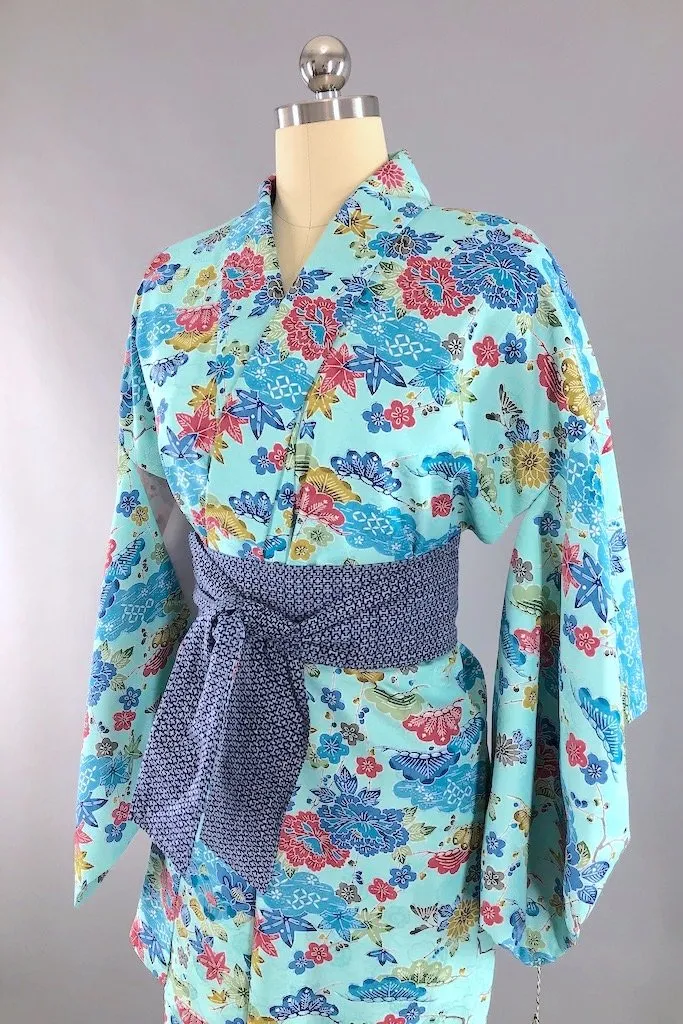 Vintage Aqua Blue Floral Kimono Robe
