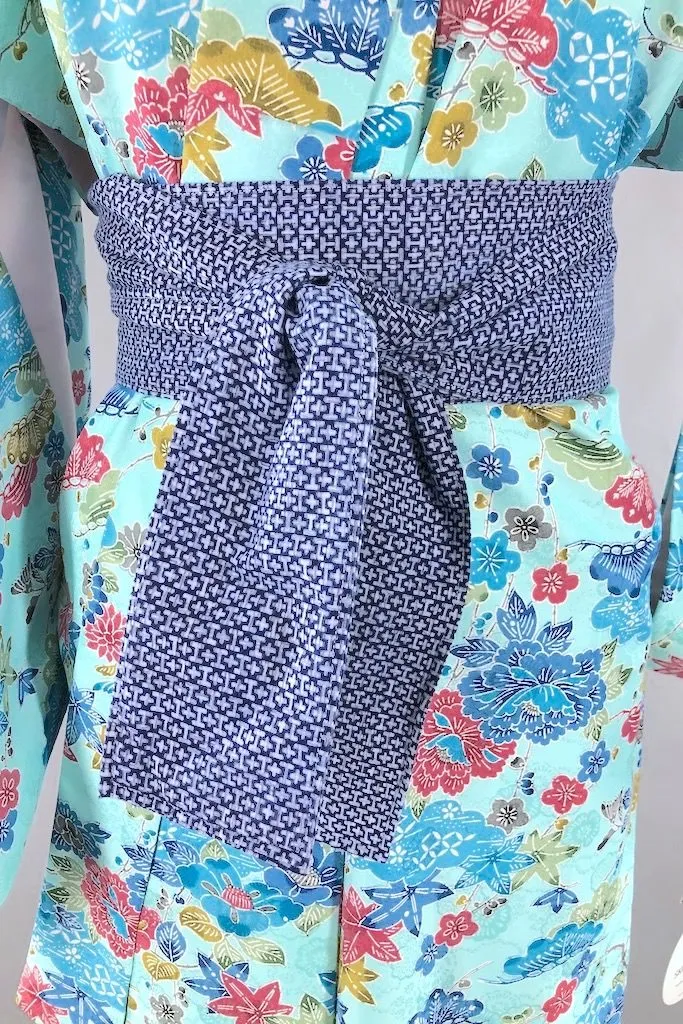 Vintage Aqua Blue Floral Kimono Robe