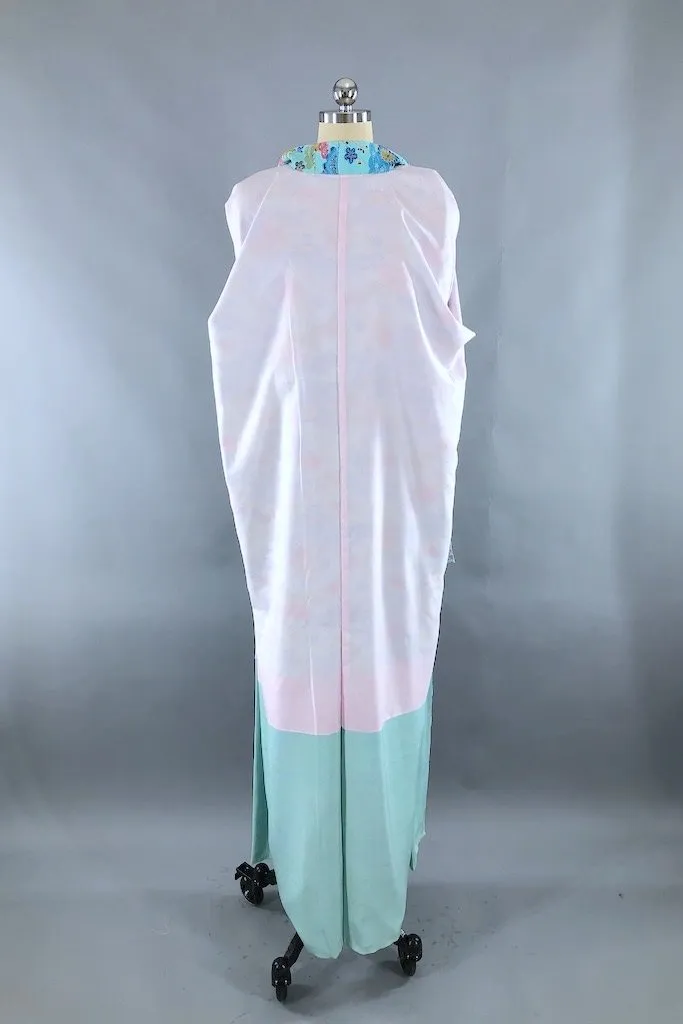 Vintage Aqua Blue Floral Kimono Robe