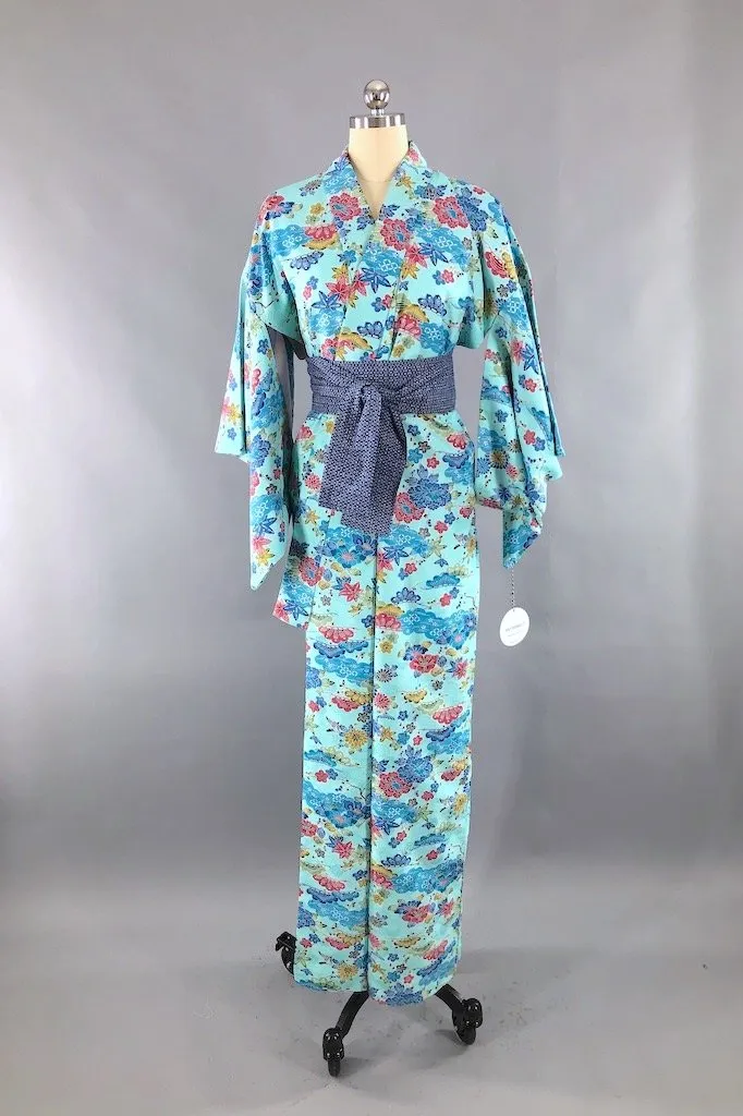 Vintage Aqua Blue Floral Kimono Robe