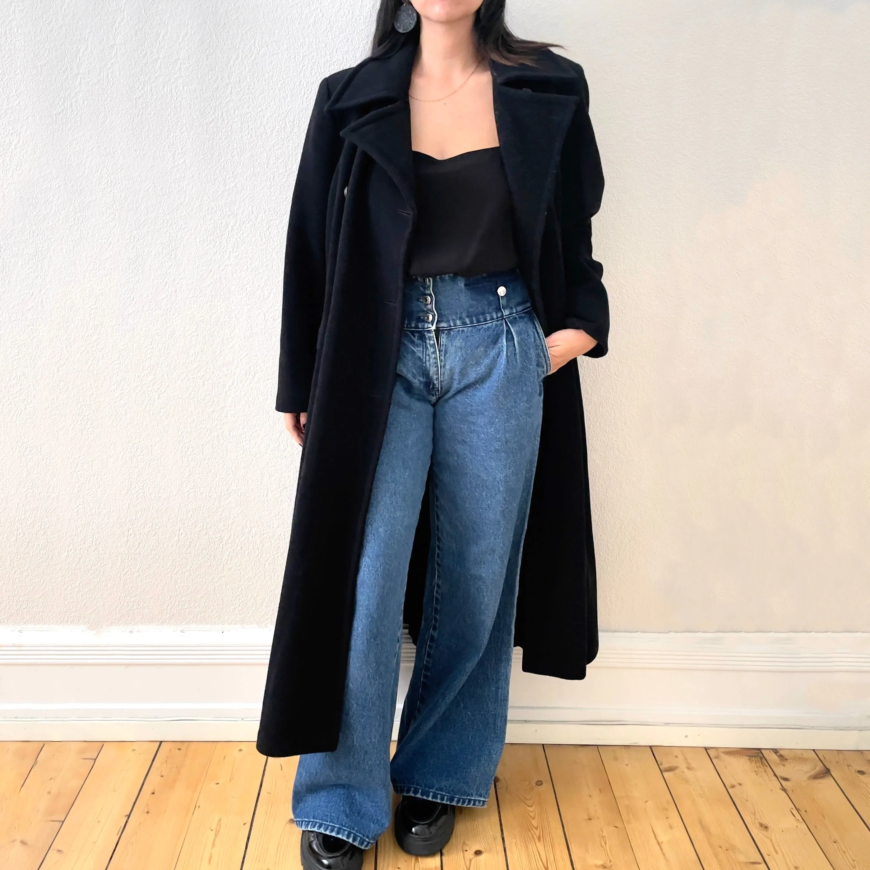 Vintage Double-breasted Black Wool Coat