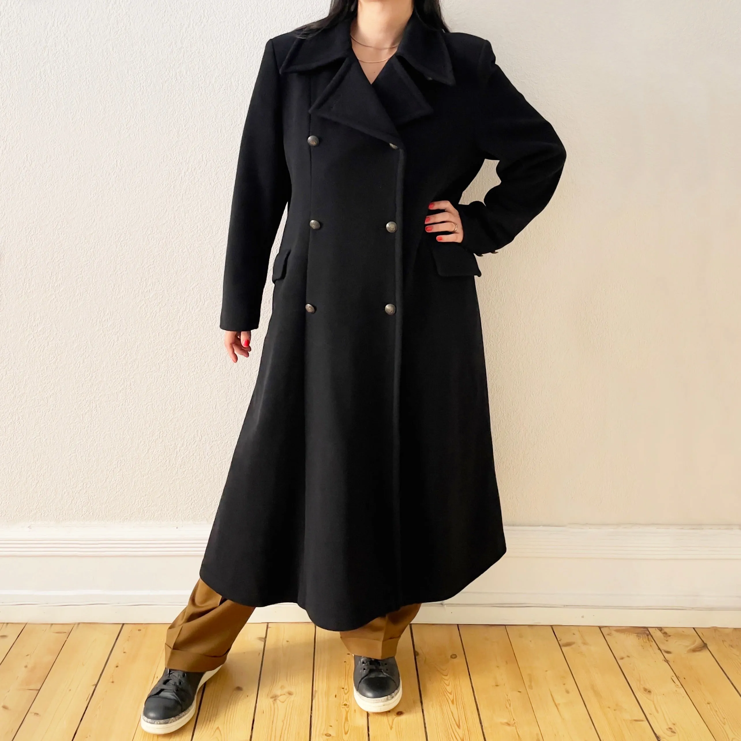 Vintage Double-breasted Black Wool Coat