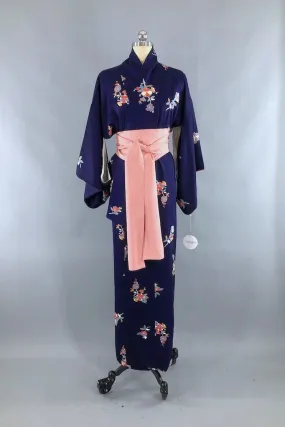Vintage Navy Blue Floral Silk Kimono Robe