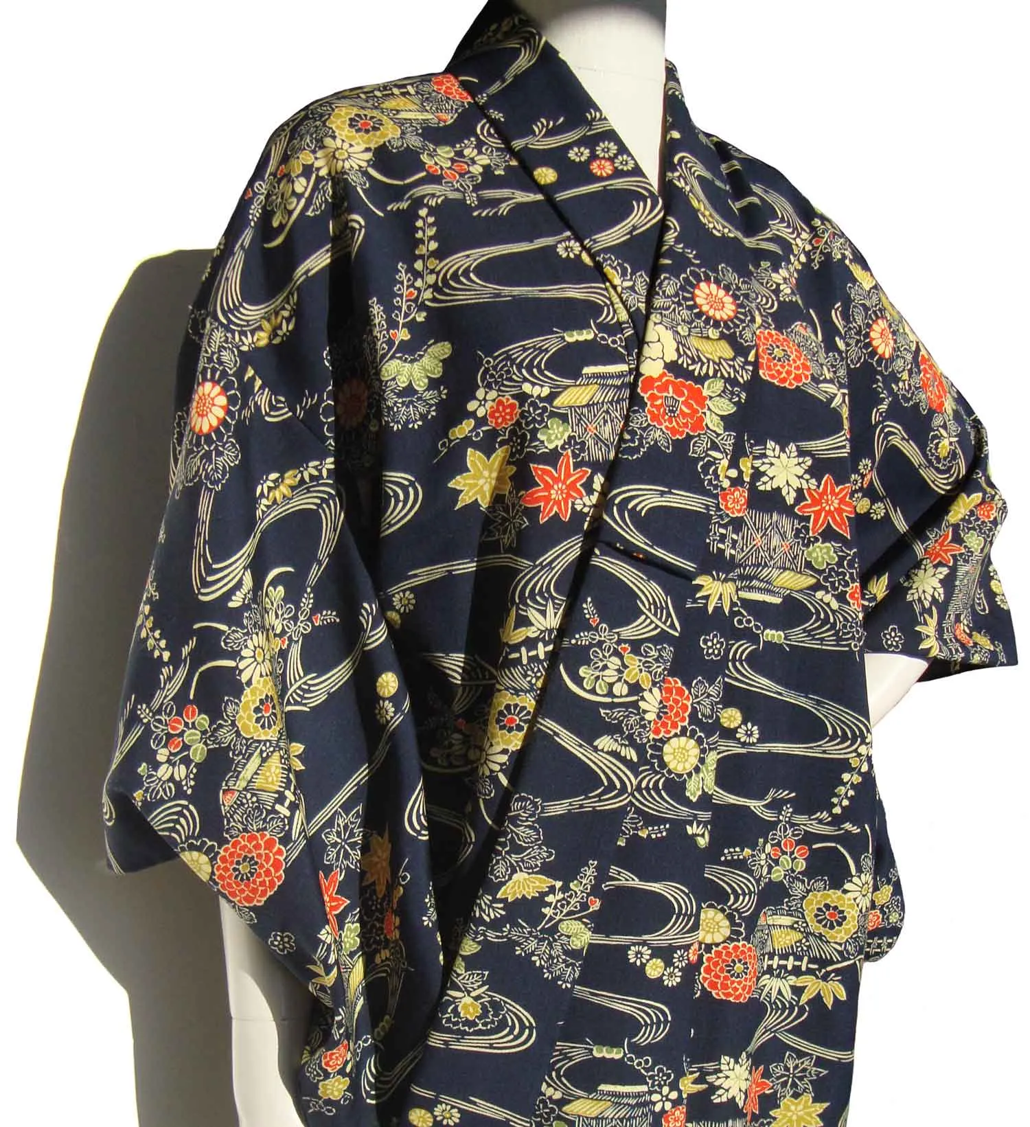 Vintage Silk Kimono Floral Stenciled Novelty Print
