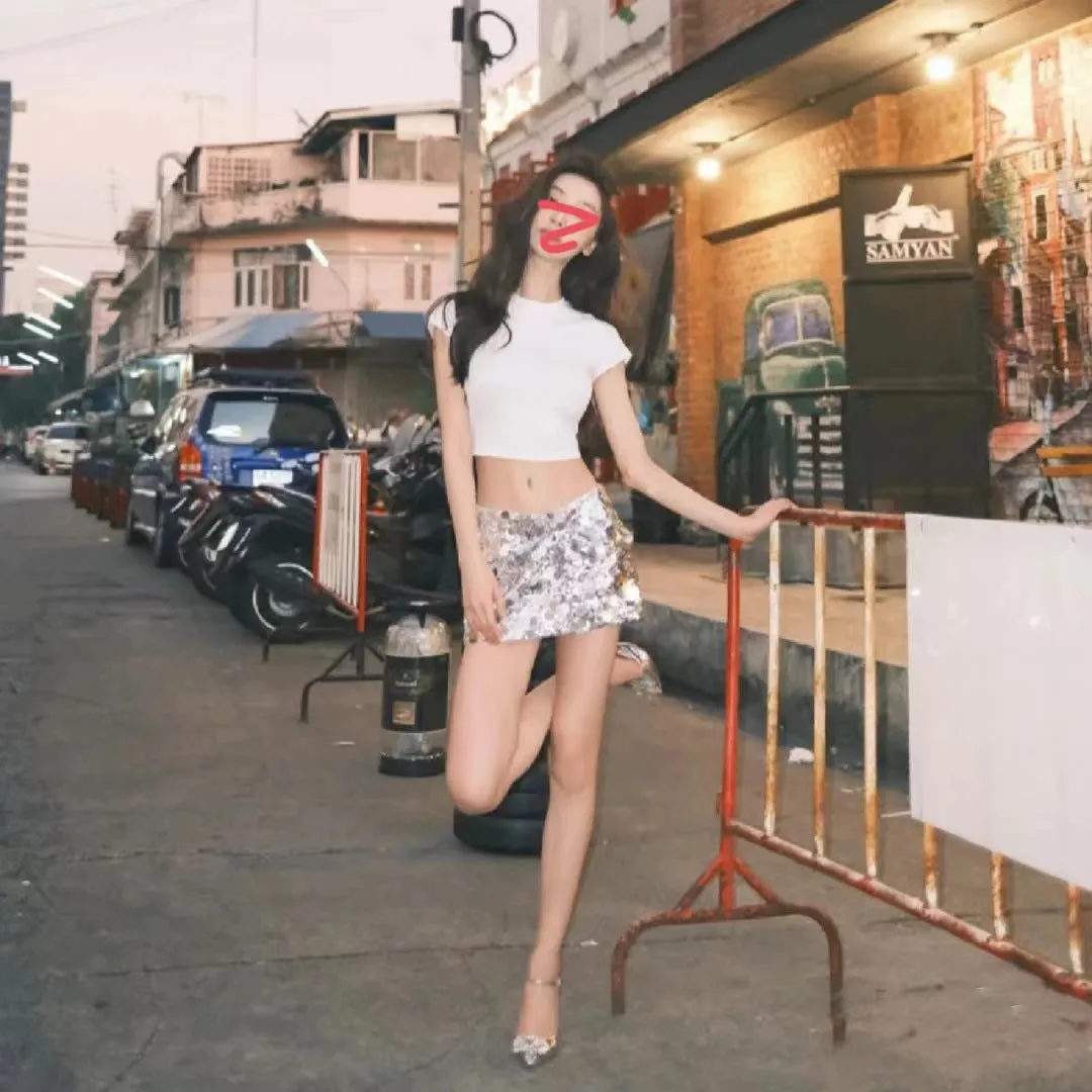 Wjczt barn jacket outfits Heavy Industry Sequined Low Waist Fashion Hot Girl Small Half-Length Sheath A- line Skirt