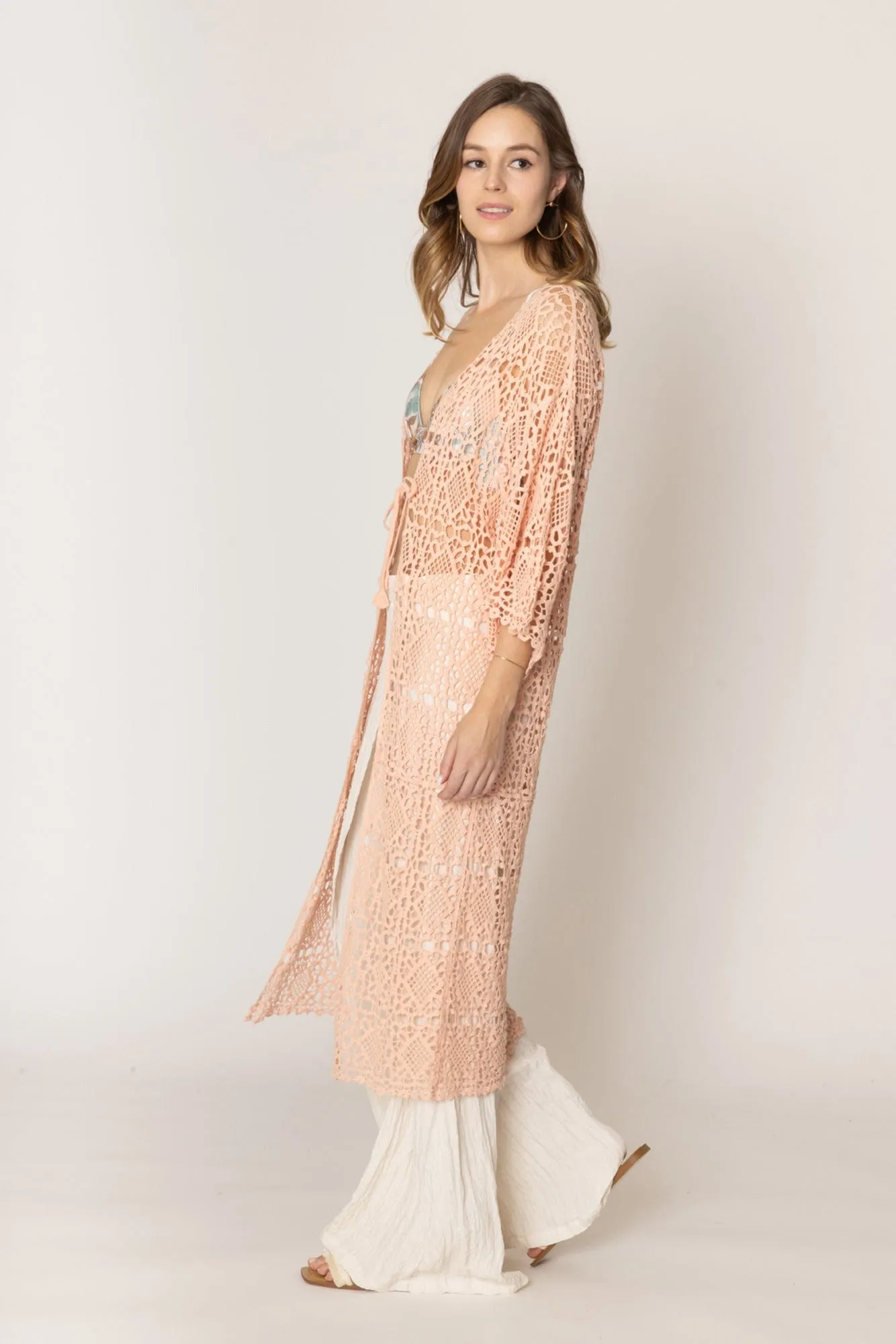 WLC410044 Aria Crochet Kimono With Tie