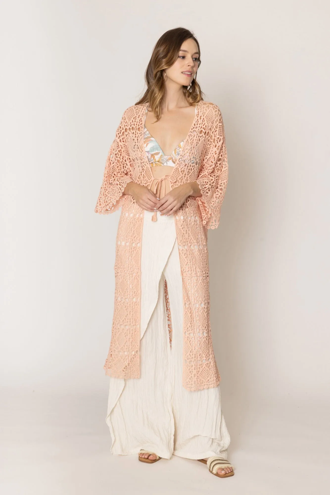 WLC410044 Aria Crochet Kimono With Tie