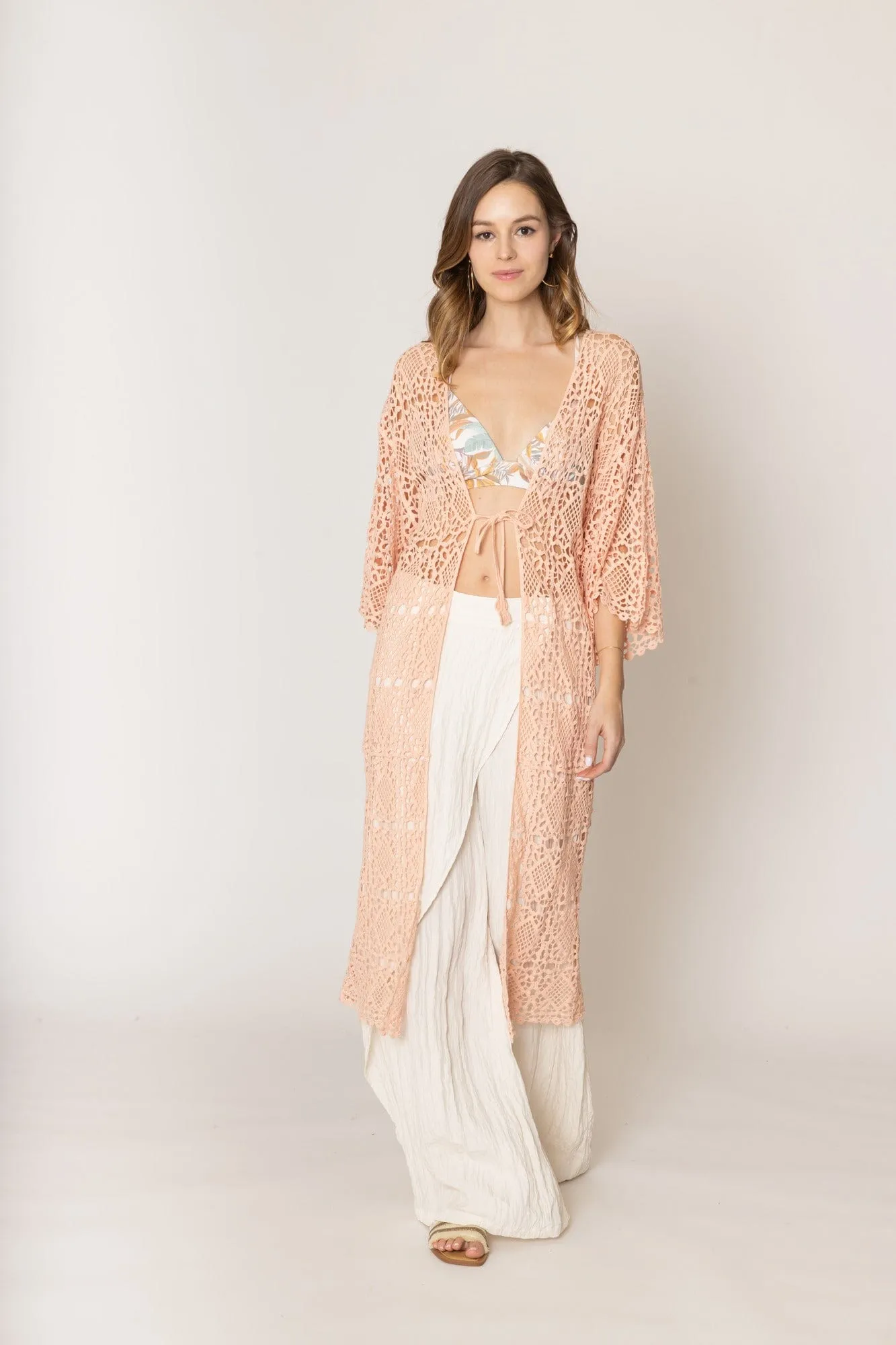 WLC410044 Aria Crochet Kimono With Tie