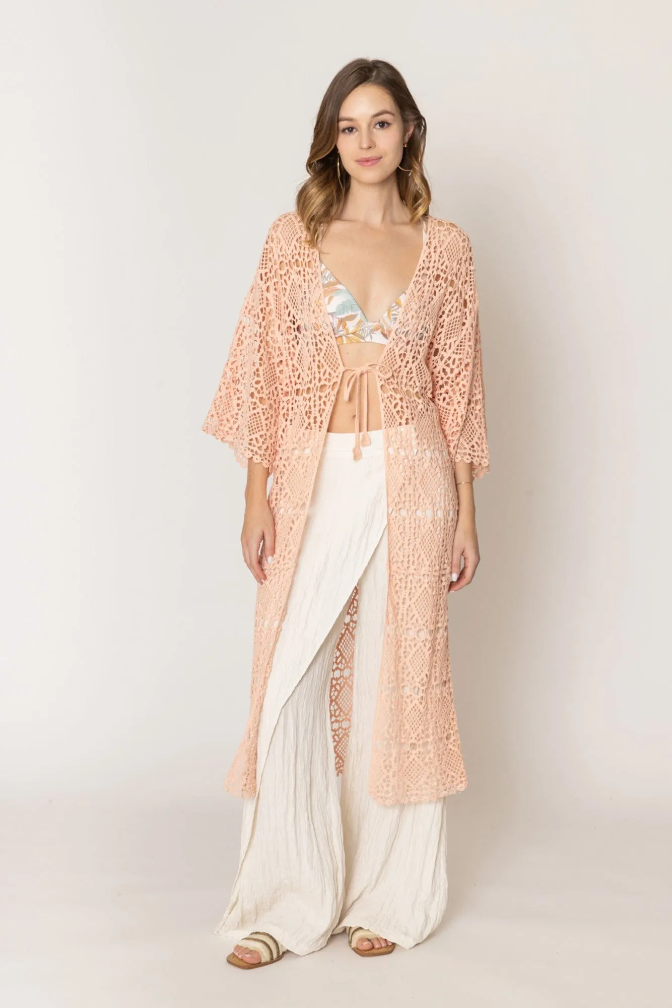 WLC410044 Aria Crochet Kimono With Tie