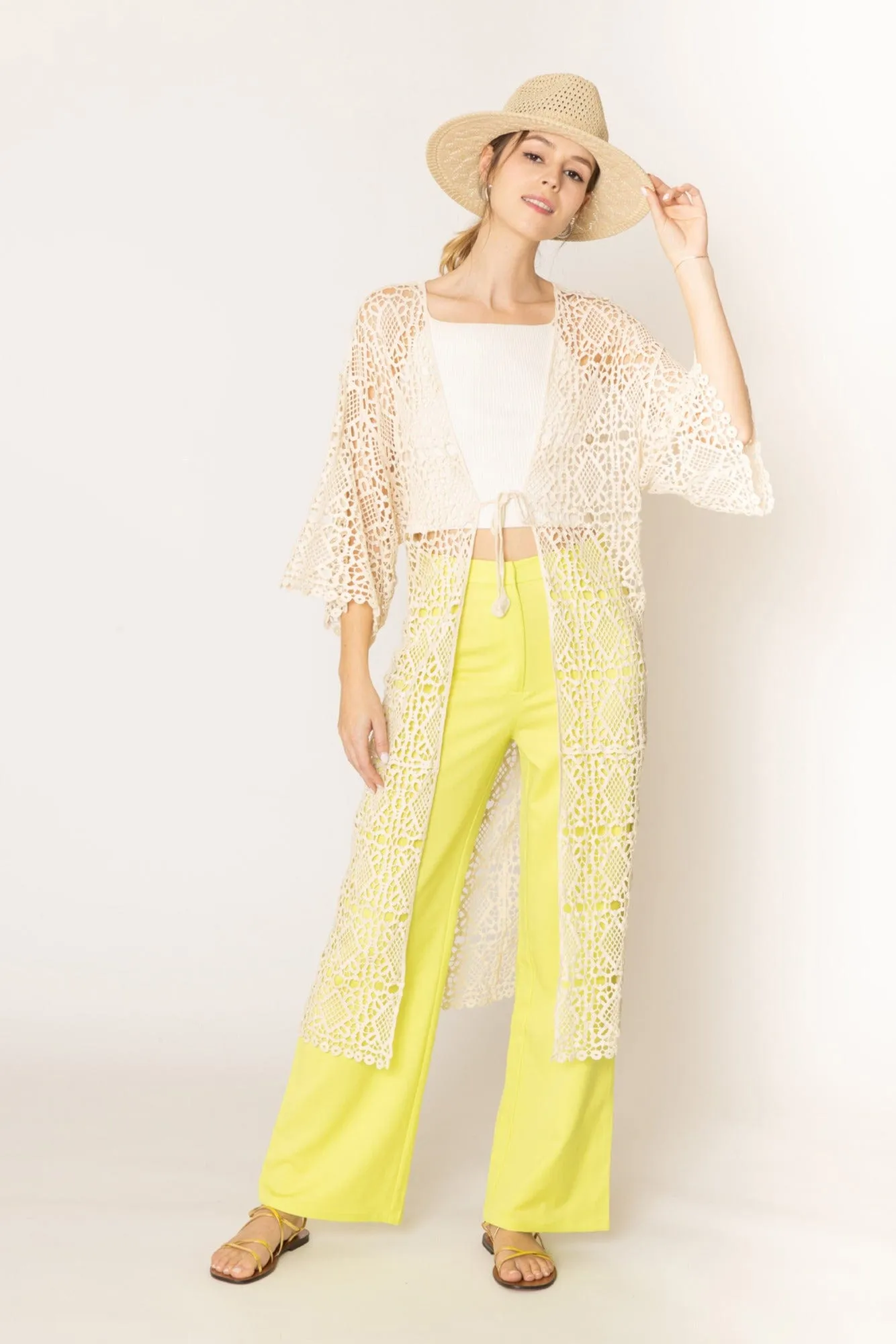 WLC410044 Aria Crochet Kimono With Tie