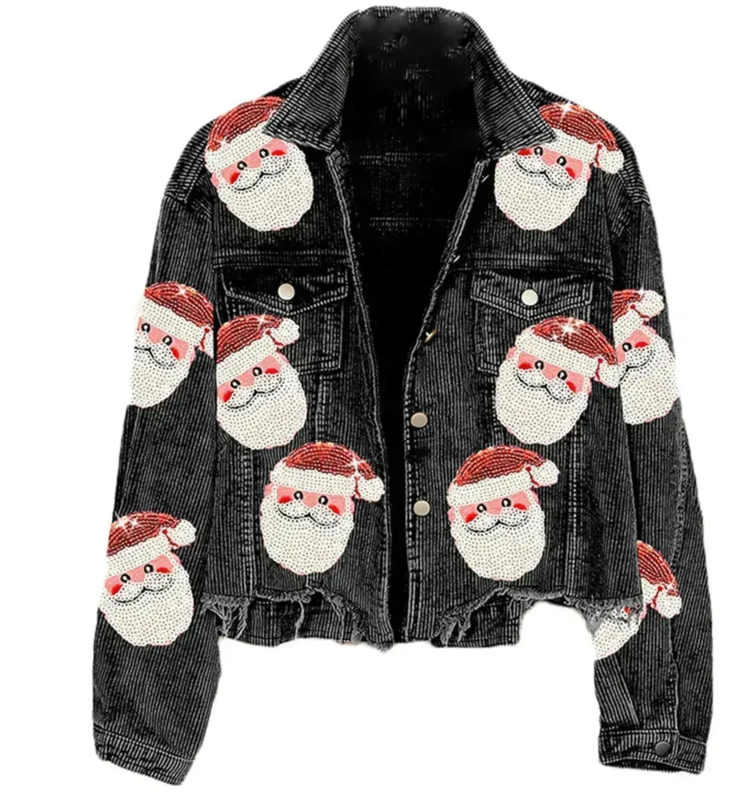 Women Christmas Corduroy Rugby Sequined crop Jacket