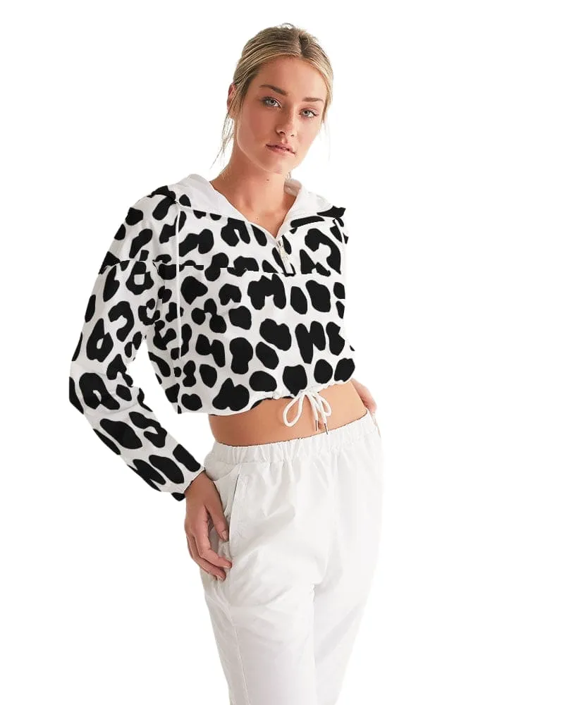 Women's Cropped Windbreaker Jacket - Black/white Leopard Print