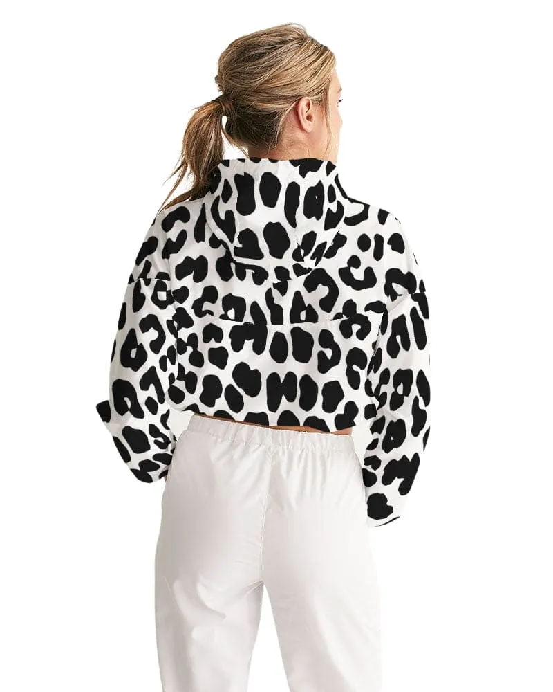 Women's Cropped Windbreaker Jacket - Black/white Leopard Print