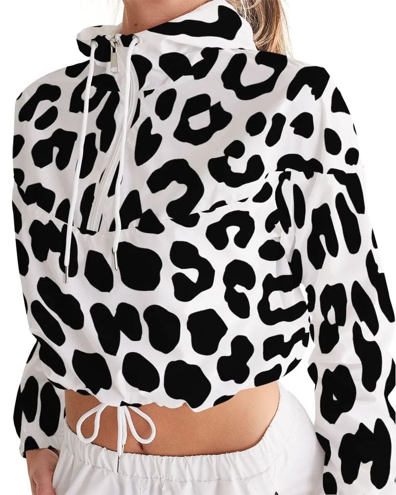 Women's Cropped Windbreaker Jacket - Black/white Leopard Print
