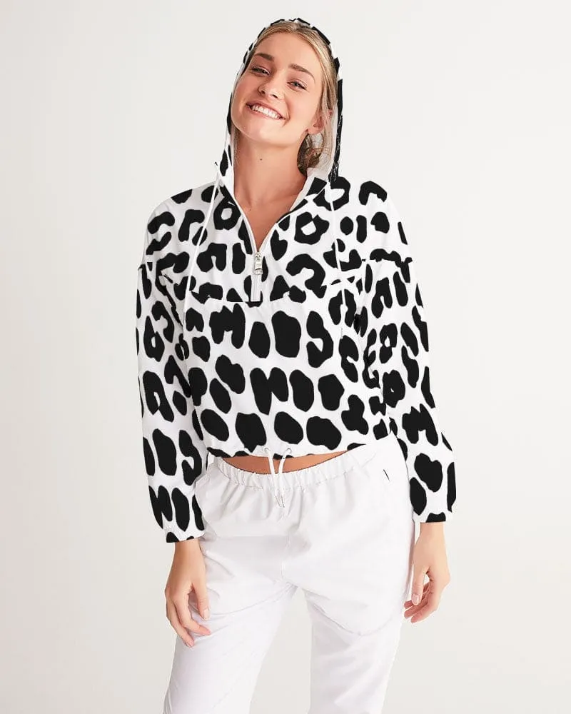 Women's Cropped Windbreaker Jacket - Black/white Leopard Print