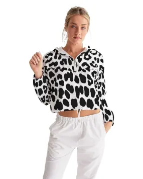 Women's Cropped Windbreaker Jacket - Black/white Leopard Print
