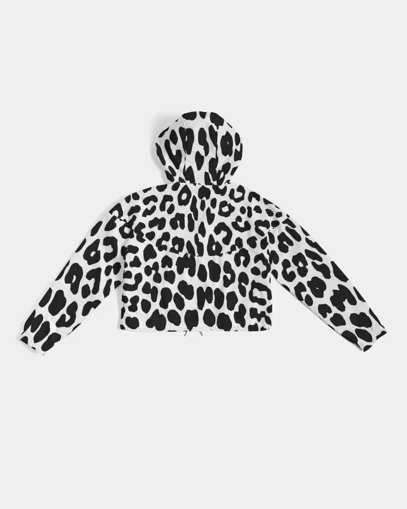 Women's Cropped Windbreaker Jacket - Black/white Leopard Print