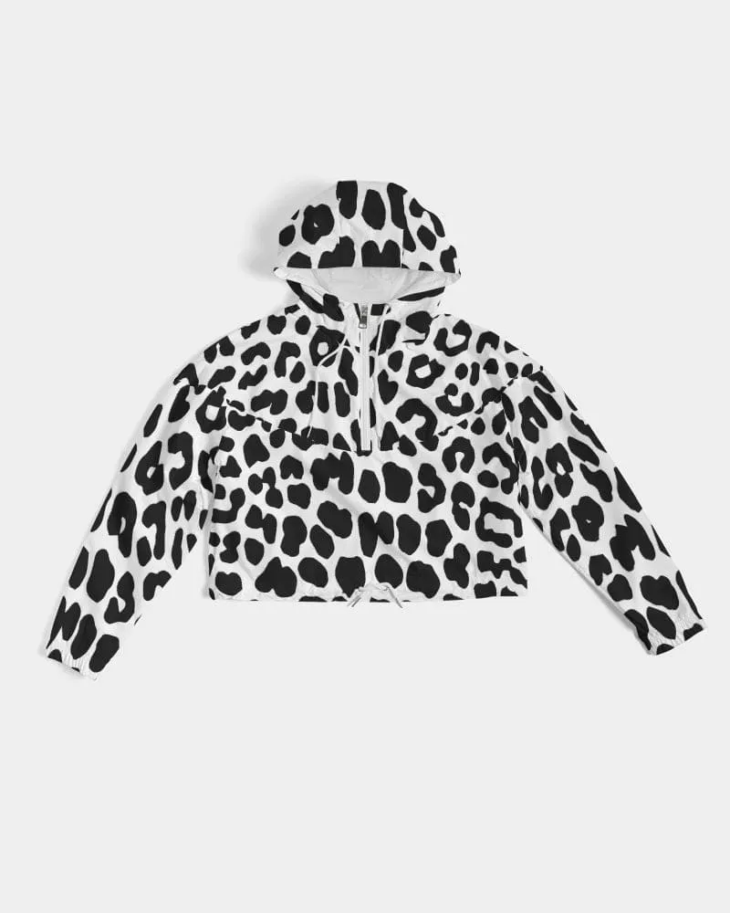 Women's Cropped Windbreaker Jacket - Black/white Leopard Print