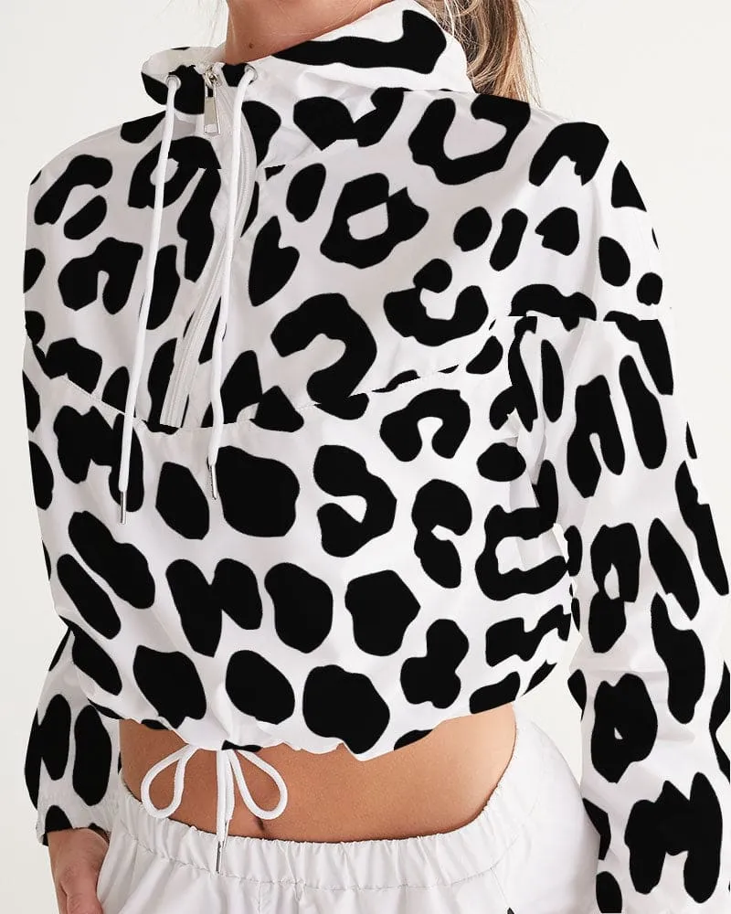 Women's Cropped Windbreaker Jacket - Black/white Leopard Print