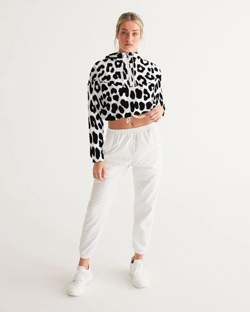 Women's Cropped Windbreaker Jacket - Black/white Leopard Print
