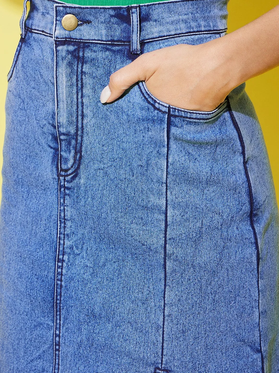 Women's Denim Midi Skirt With Side Slit - StyleStone