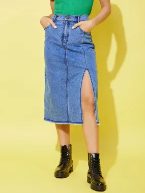 Women's Denim Midi Skirt With Side Slit - StyleStone