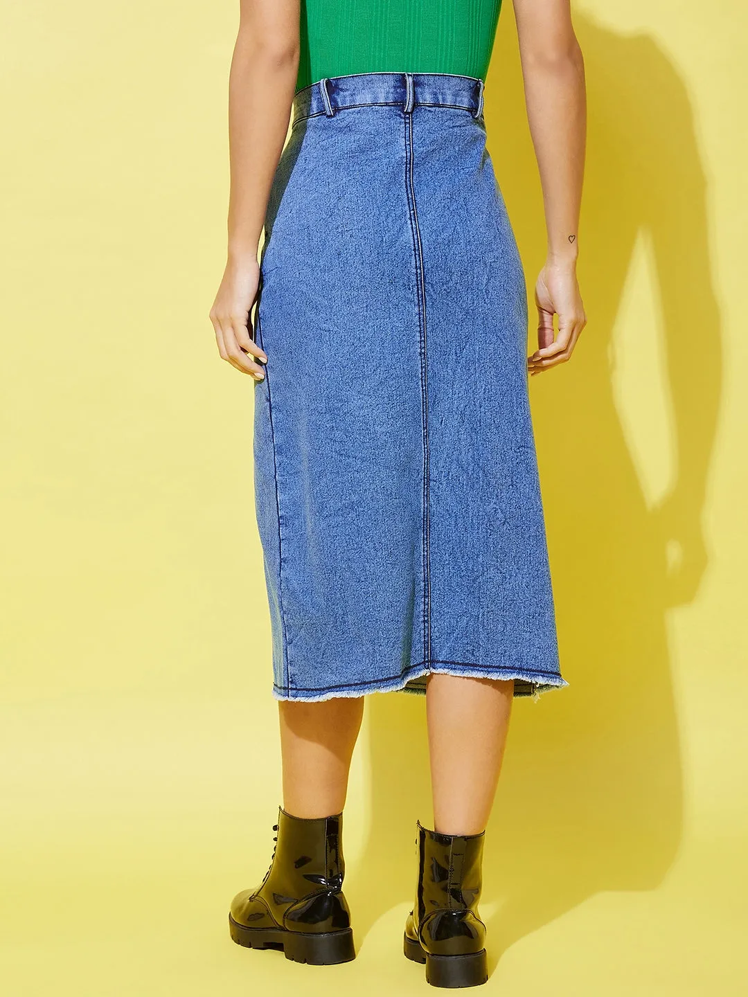 Women's Denim Midi Skirt With Side Slit - StyleStone