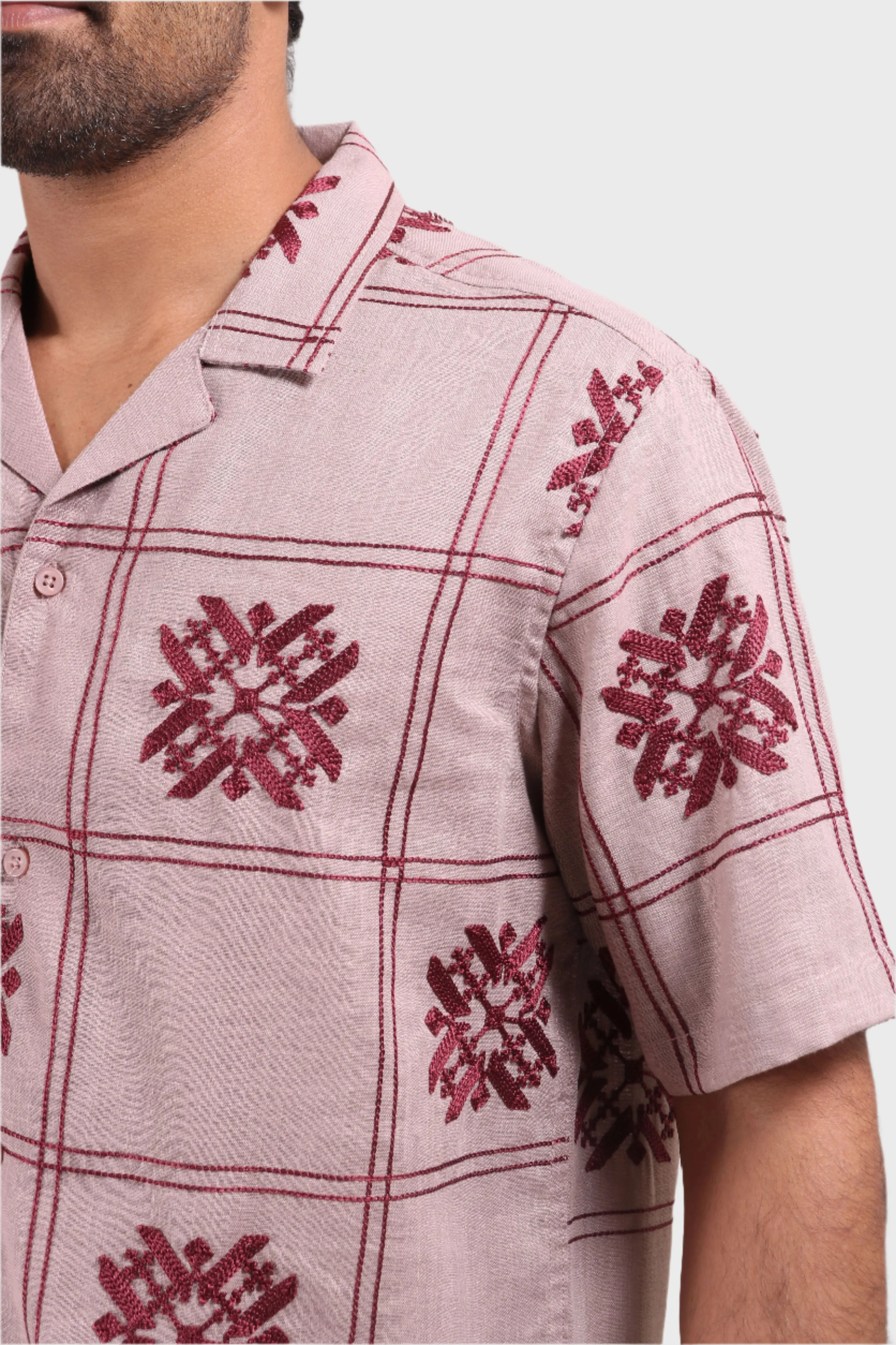 XKIND LIGHT MAROON EMBROIDERED DROP SHOULDER RELEAXED FIT SHIRT