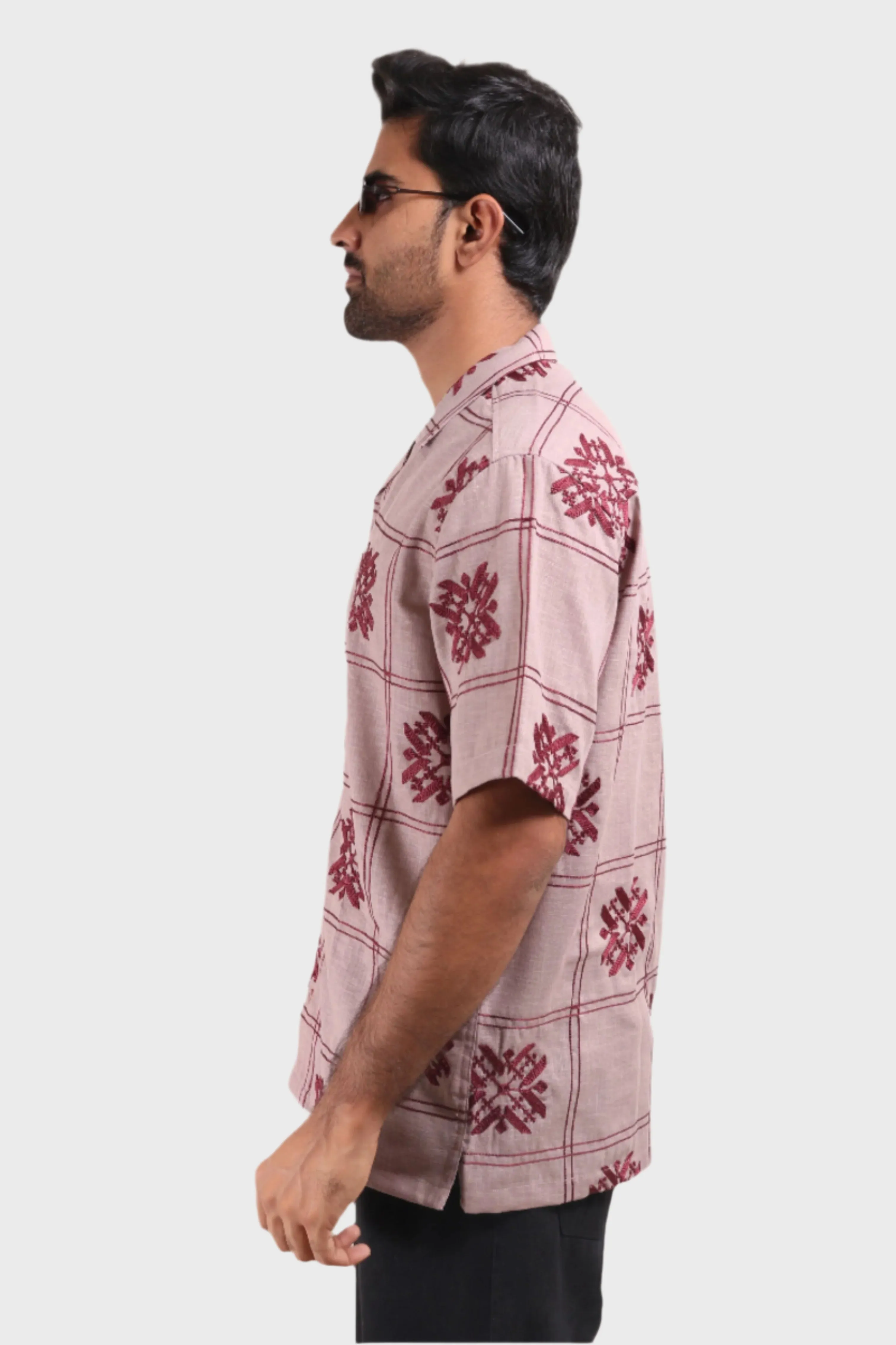 XKIND LIGHT MAROON EMBROIDERED DROP SHOULDER RELEAXED FIT SHIRT