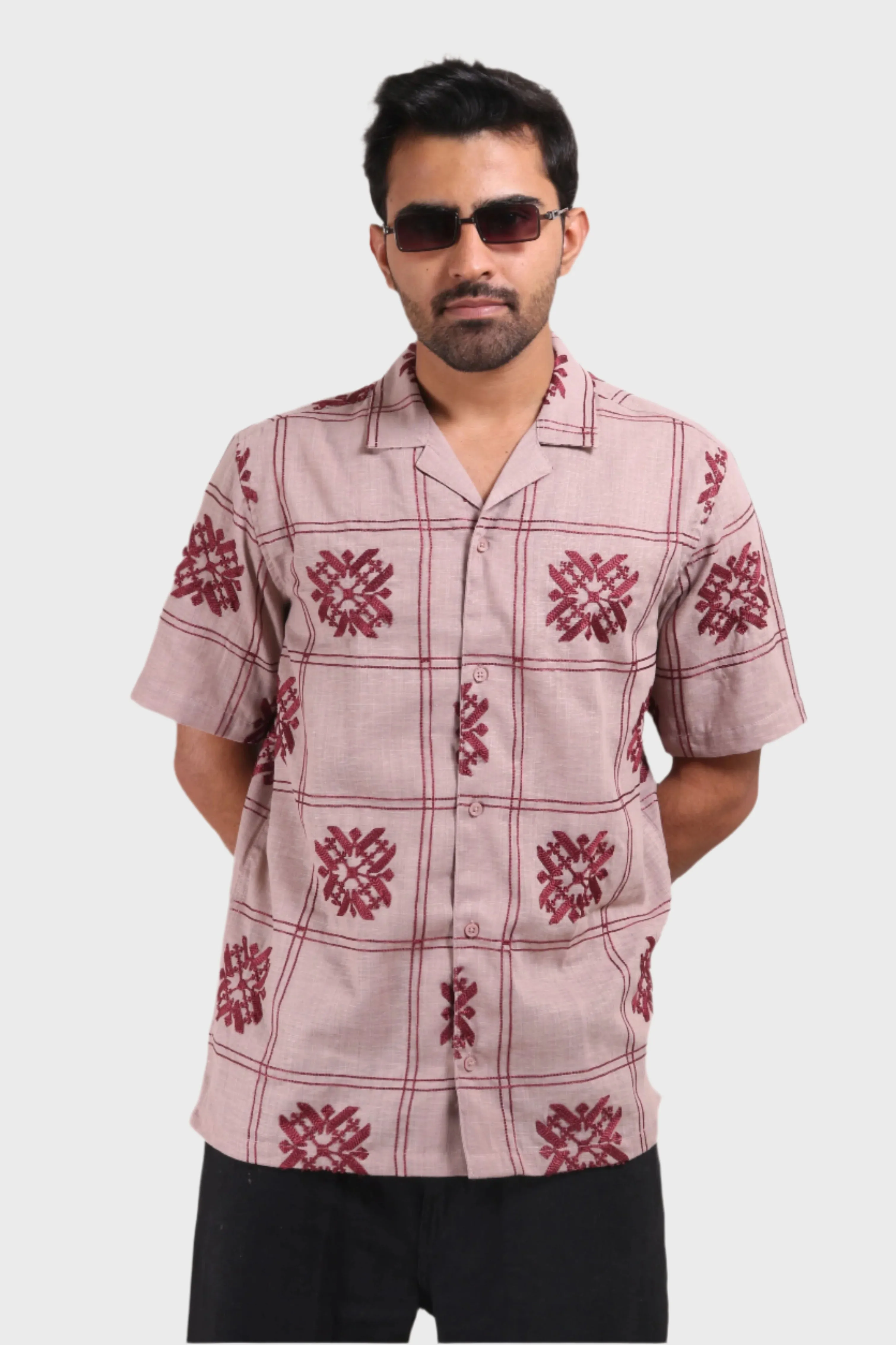 XKIND LIGHT MAROON EMBROIDERED DROP SHOULDER RELEAXED FIT SHIRT